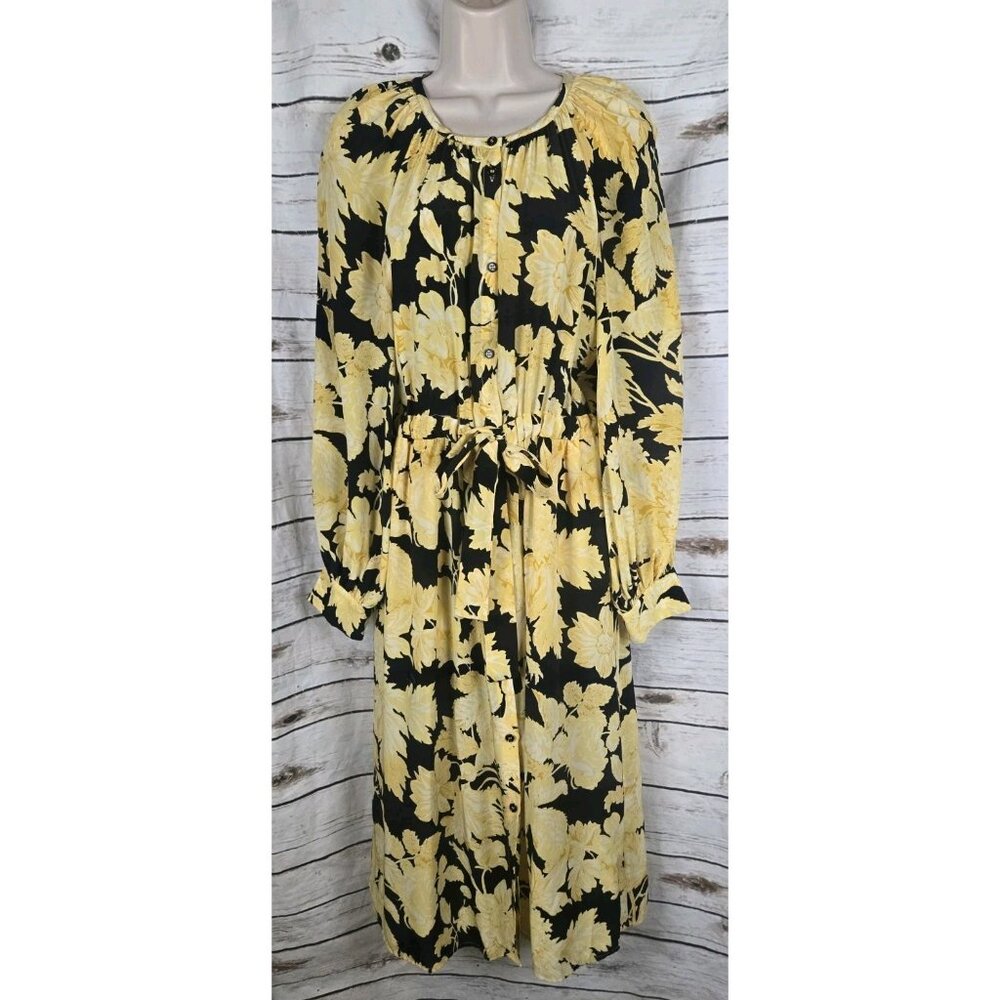 Stine Goya Yellow Black Floral Shirt Dress XS 100% Silk Drawstring Waist